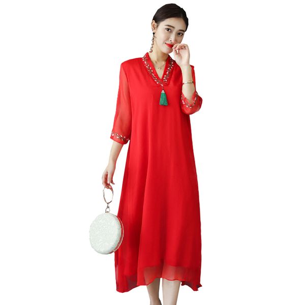 

2019 new faux silk lace embroidered long v neck dress thin elegant temperament half sleeve dress plus size 3xl brand, Black;gray