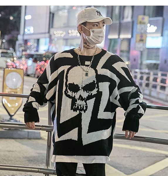 

2019 men skull printed hip hop sweater streetwear loose oversized sweaters casual pullover clothing, White;black