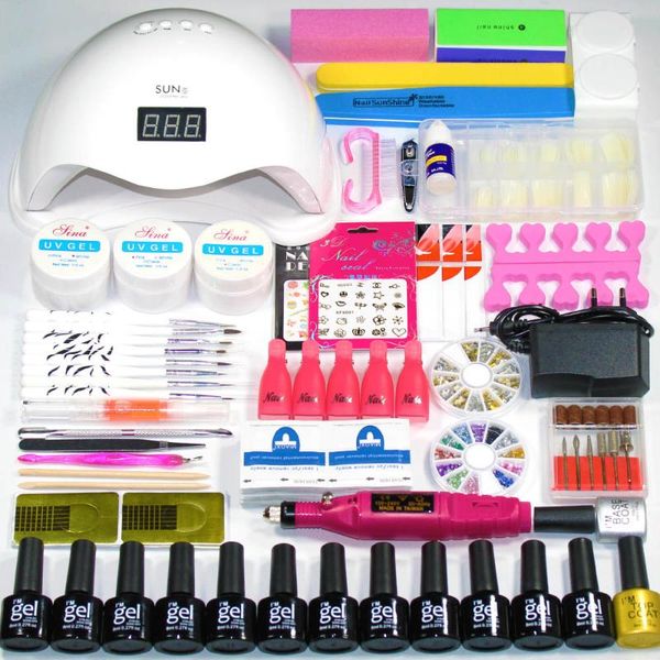 

54w/48w/36w/24w led lamp set nail dryer 12 colors uv gel polish 1 base 1 nail set with drill machine manicure tools