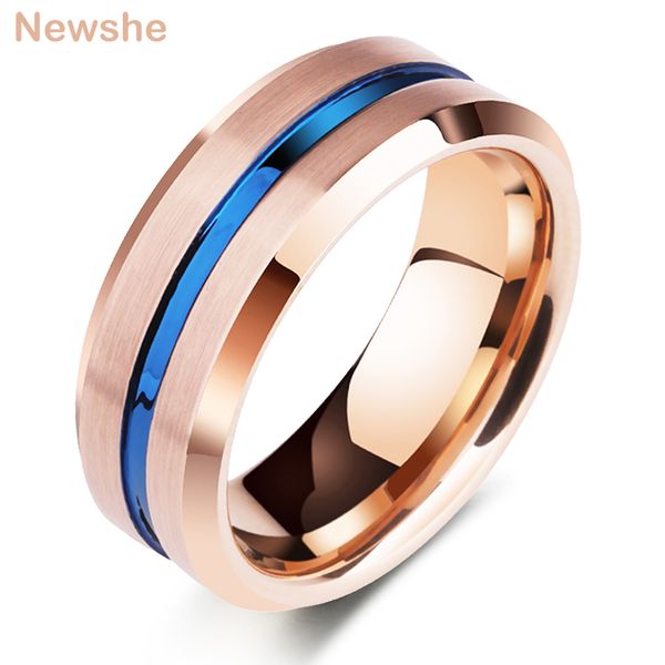 

newshe men's tungsten carbide rings 8mm rose gold color blue line groove ring wedding band for him charm jewelry trx060, Slivery;golden