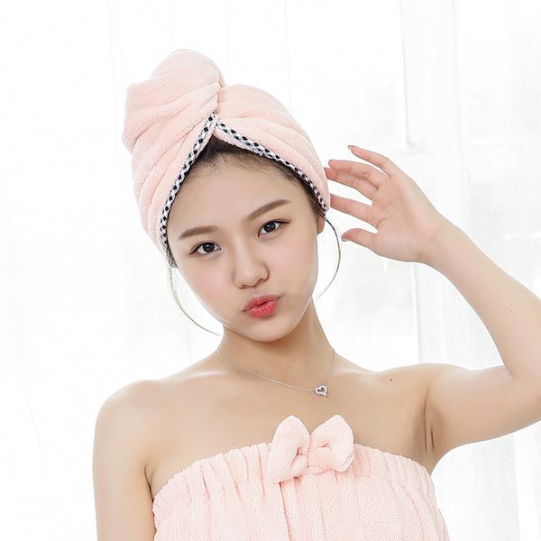 

magic quick dry hair shower caps with hemming coral fleece microfiber super absorbent towel drying turban wrap hat caps spa bathing caps