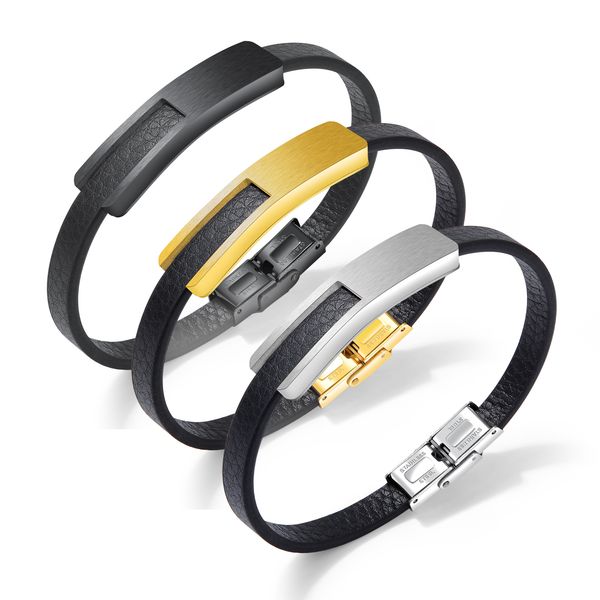 

pu leather bracelets for men or boy sliver gold black stainless steel retro style hand chain mens jewelry for boys gifts, Golden;silver