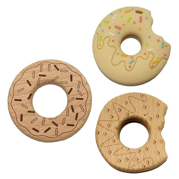 

3pcs baby silicone teether donuts pendant toys chewing wooden doughnut teether oral moral toy baby teething accessory