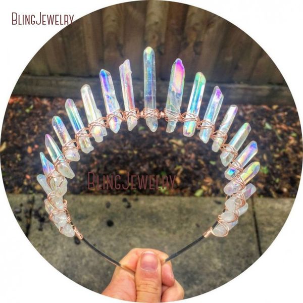 

rose gold silver gold wire wrapped iridescent crystal point crown aura quartz tiara crown headband, Golden;white