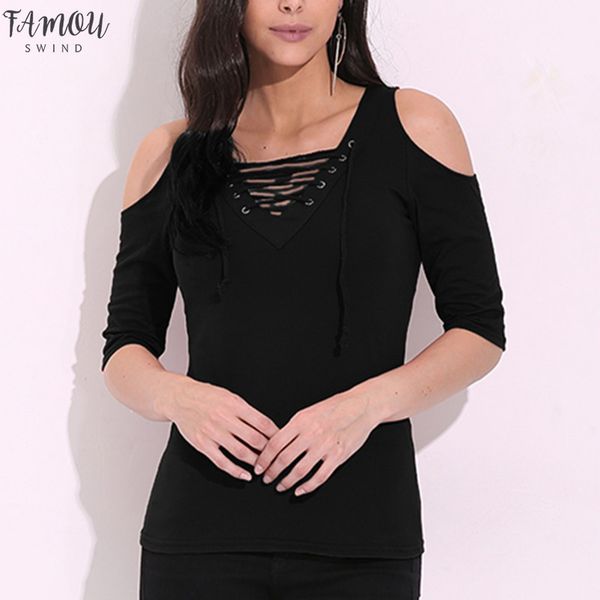 

hollow v neck blouse women casual lace up female off shoulder half sleeve summer plus size chemise shirts, White