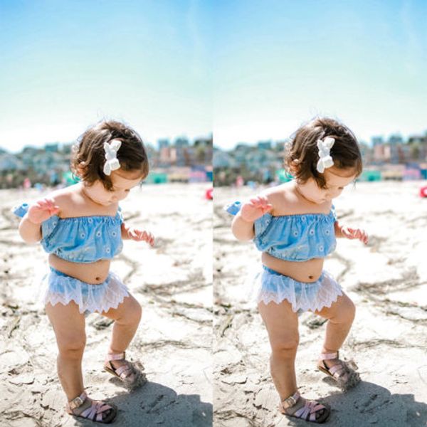 

summer kids girls цветочные джинсовой одежды set baby girl плеча нижнее одежда топы + брюки шорты + оголовье outfit акциях, и, Pink;blue