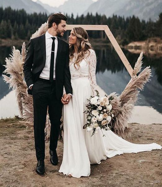 

2019 Newest Two Pieces Boho Wedding Dresses Long Sleeves A Line White Chiffon Lace Princess Beach Bridal Gowns Vestidos De Novia Custom Made