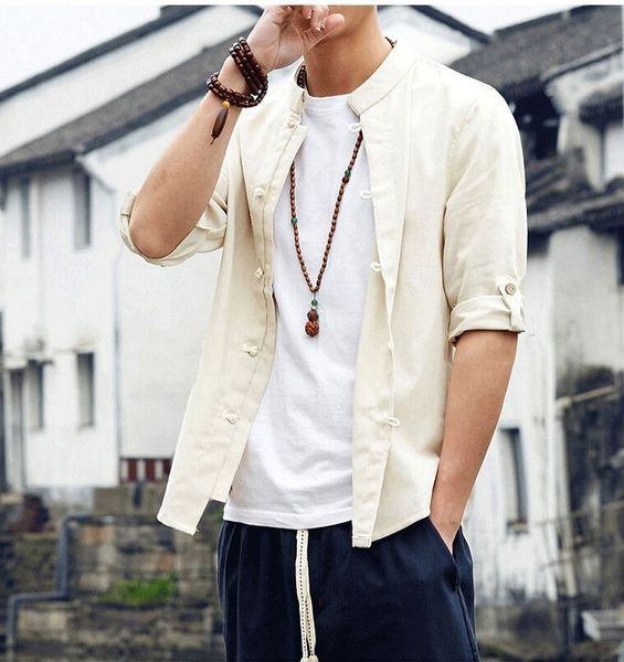 

men solid-colored stand collar linen shirt, White;black