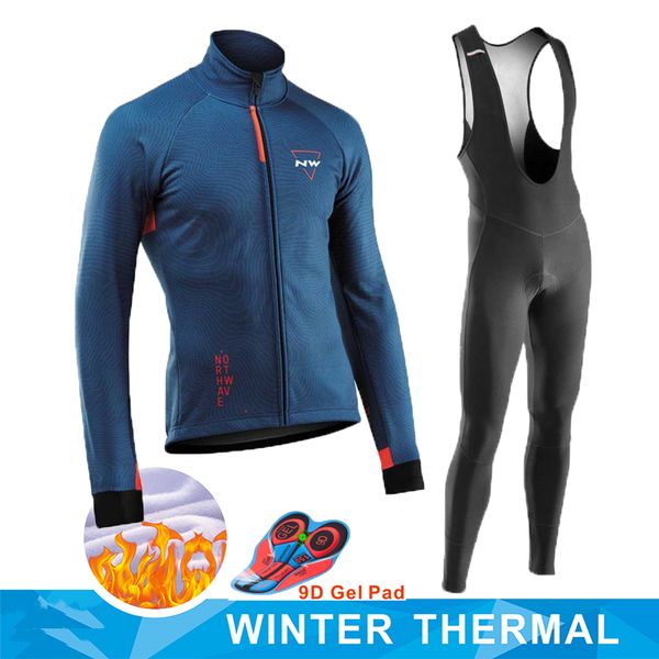 

nw 2020 winter cycling clothes men jersey thermal fleece suit northwave outdoor bike mtb clothing bib pants warm set gel pad, Black;blue