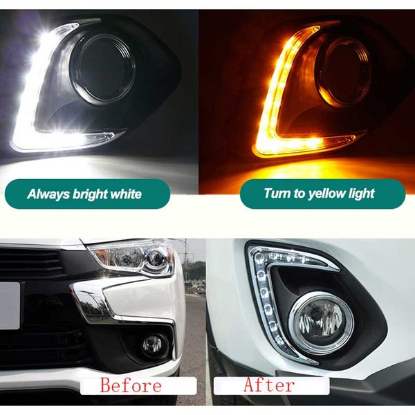 

led daytime running lights for mitsubishi asx 2016 2017 12v abs drl fog lamp cover with yellow turn signal light car-styling