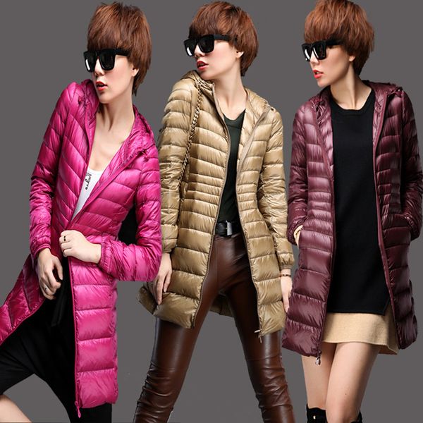 

women 90% white duck down jacket women's hooded ultra light down jackets warm long winter coat parkas, Black