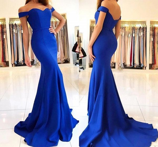 

royal blue satin mermaid long prom dresses elegant off the shoulder bow sash simple sweep train formal party evening gowns, Black;red