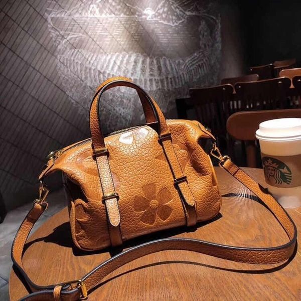

new style women's full-grain leather embossed large capacity bag one-shoulder handbag europe and america style trend simple bag