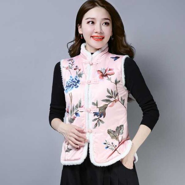 

vintage fur collar sleeveless vests jacket for women autumn winter add cotton warm print qipao vest women short coats da734, Black;white