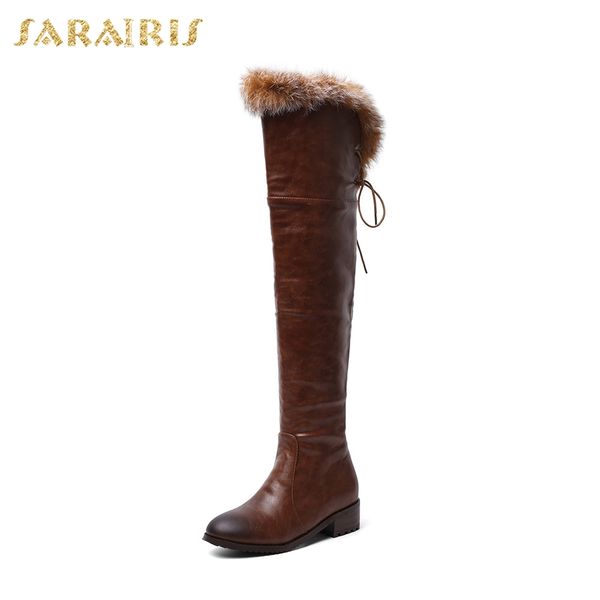 

sarairis brand new plus size 34-48 fur thigh high boots ladies chunky heels shoes woman casual party over the knee boots women, Black