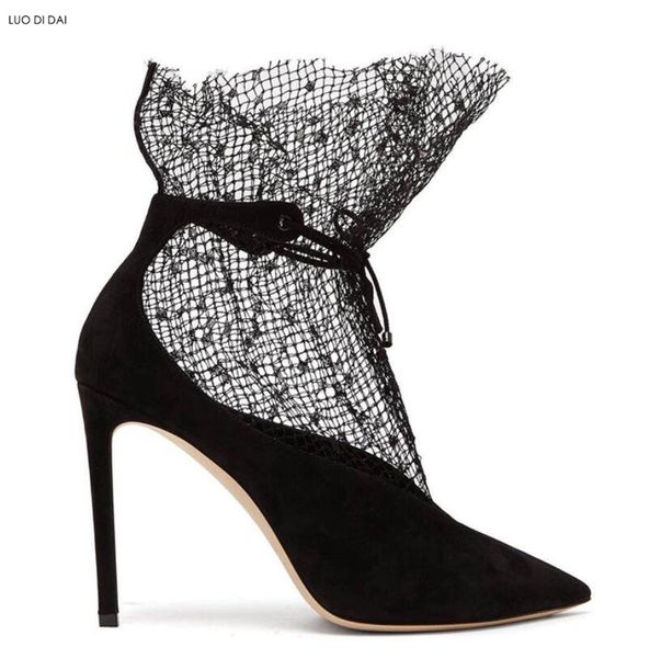 

2019 fashion women black lace boots rhinestone stud ankle boots air mesh diamond booties party shoes ladies wedding shoes