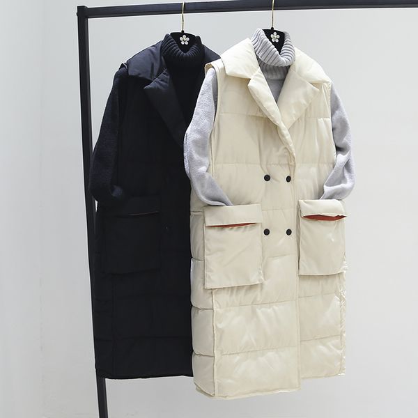 

women's solid color double-breasted winter warm jacket large pocket long cotton vest jacket female, Black