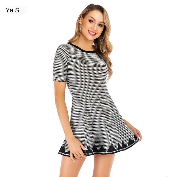 

womens designer fun black and white knit plaid dress high waist a word british college wind skirth, Black;gray