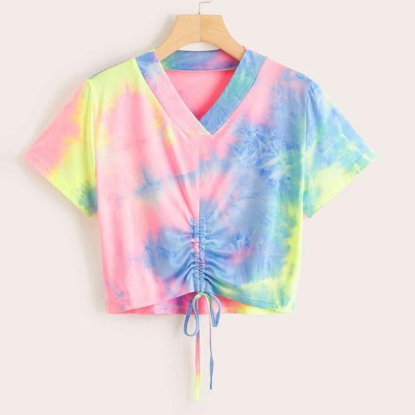 

tops women 2020 тенниска женщины повседневная v-образным вырезом tie-краситель тройники с коротким рукавом футболки mujer camisetas drawstri, White