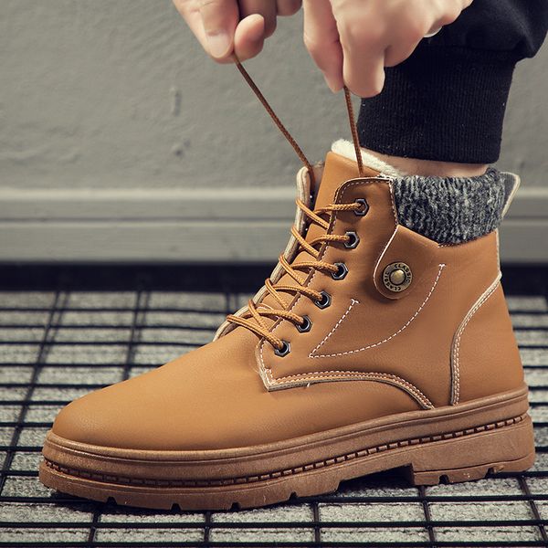 

autumn winter leather ankle snow men boots shoes with fur plush warm male casual boot sneakers, Black