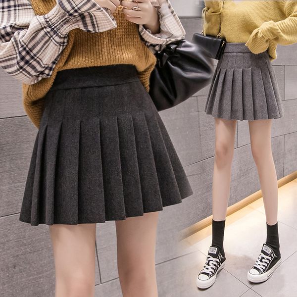 

корейская шерстяная плиссированная юбка женская весна-лето a-line юбка пачка женская высокая талия анти-экспозиция кюлоты, Black