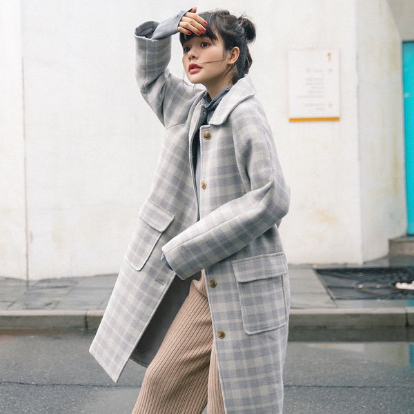 

han edition contracted small pure and fresh and joker loose long winter over-the-knee grid cloth coat coat lapels female, Black