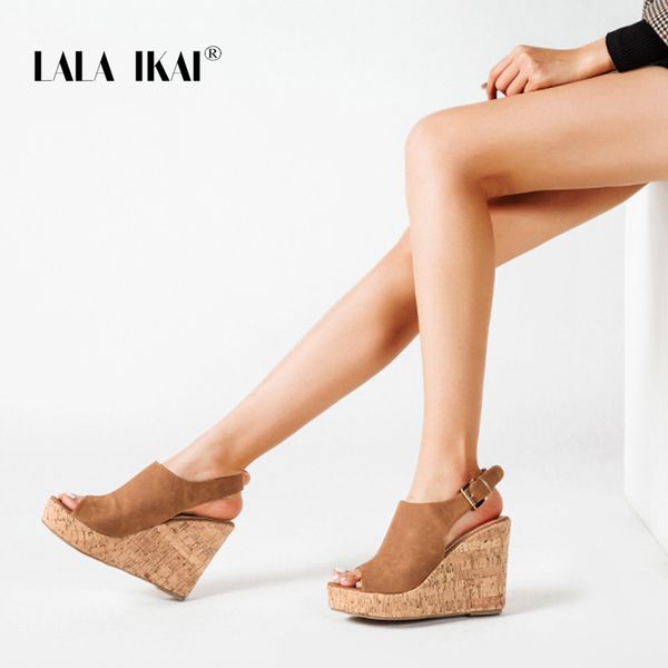 

lala ikai women's shoes 2020 summer new fashion muffin thick bottom high heels buckle fish mouth sandals women xwc6983-4, Black