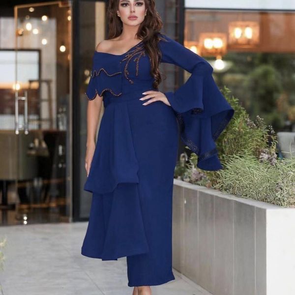 Royal Blue чай длины Вечерние платья с длинным рукавом V шеи шифон Пром платья Robe De Soiree сшитое