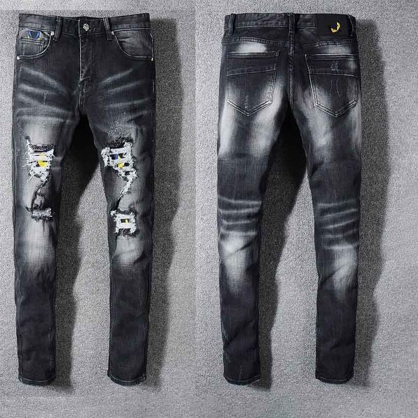 

designer jeans for men luxury eyes pattern pants casual shredded jeans with patch trendy hiphop clothes kanye west streetwear, Blue