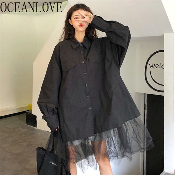 

oceanlove harajuku black streetwear women and blouses mesh patchwork gothic blusas spring long ropa mujer fashion 16016, White