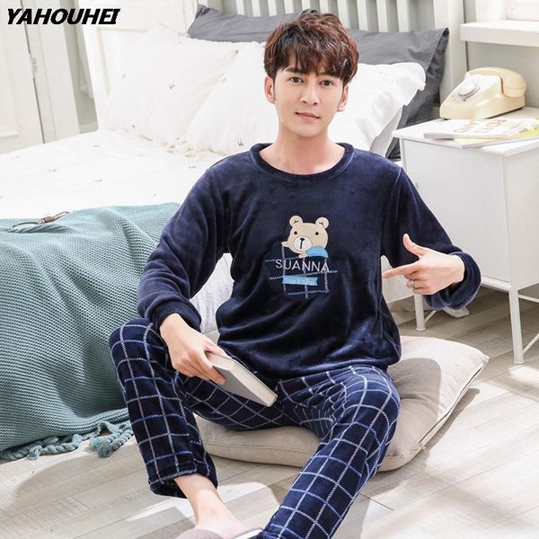 

cute cartoon thick warm flannel pajama sets for men 2020 winter long sleeve coral velvet pyjama male homewear loungewear clothes, Black;brown