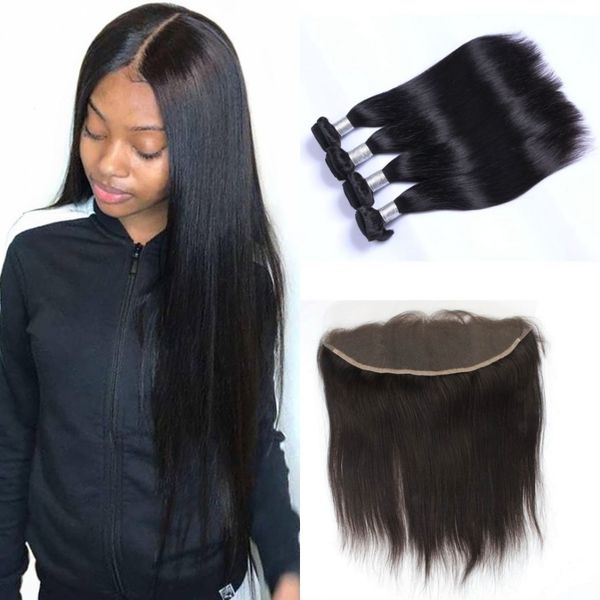 

прямые волосы плетение пучки с фронтальной застежкой кружева фронтальная с пучками перуанское наращивание человеческих волос 5 шт. лот, Black;brown