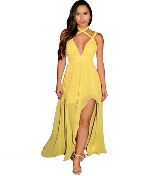 

Sexy Maxi Dress High Slit Strap Deep V Neck Split Dresses Women 2018 Summer Backless Chiffon Long Dress vestido