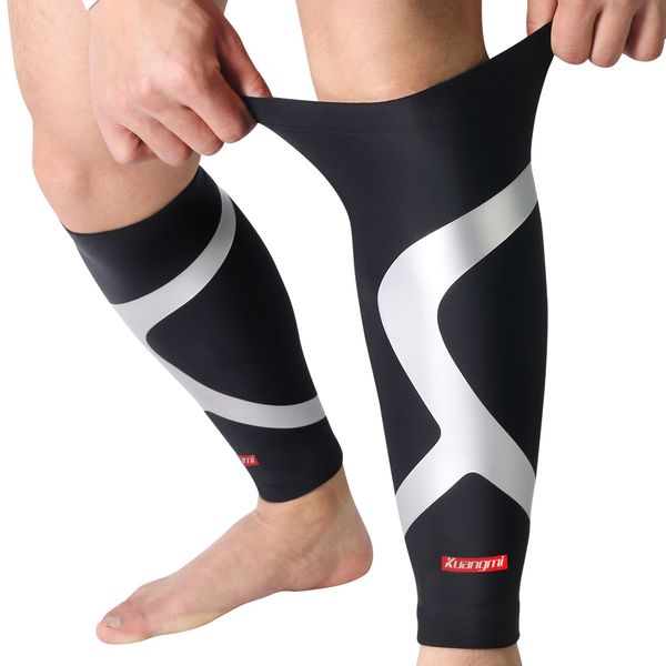 

2 pcs kuangmi calf compression sleeves support sports safety running shin splint brace leg socks pad shin guard soccer protector, Black;gray