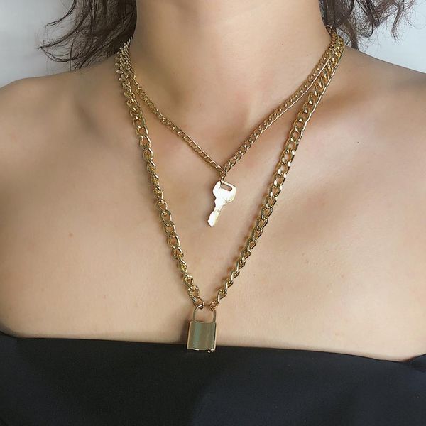

kmvexo padlock long chains necklace for women men key lock pendant necklaces punk hip hop 2019 fashion gothic statement jewelry, Silver