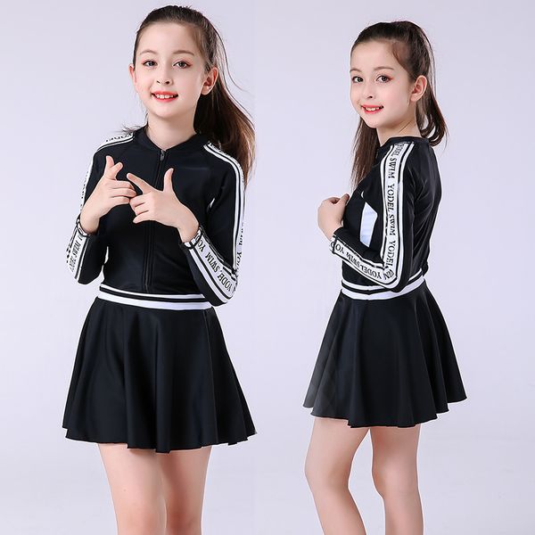 

new children's black and pink sunscreen surfing swimsuit girl's one-piece long sleeve middle and large bathing dress split skirt