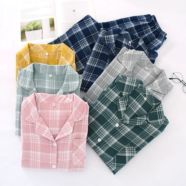 

spring and autumn couples pajamas pure cotton crepe pajamas thin japanese-style washed cotton plaid men and women home wear, Black;red