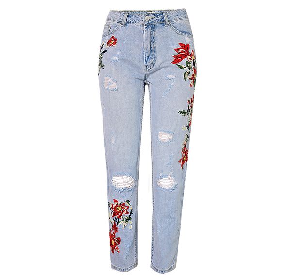 

floral embroidered jeans for women plus size high waist ripped jeans mom women slim straight with rips hole ankle pants, Blue