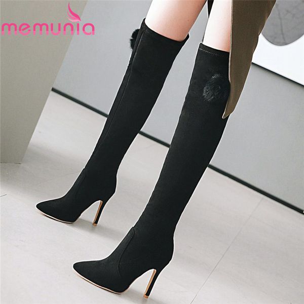 

memunia 2020 new arrival stiletto high heel boots women thigh high boots flock autumn over the knee stretch woman, Black