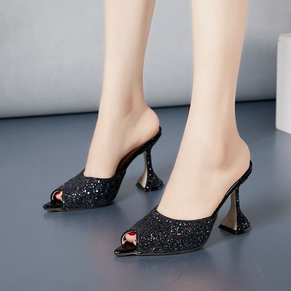 

shoes women ladies' slippers big size square heel lady pointed toe pantofle heeled mules low soft block girl 2020 heels high, Black