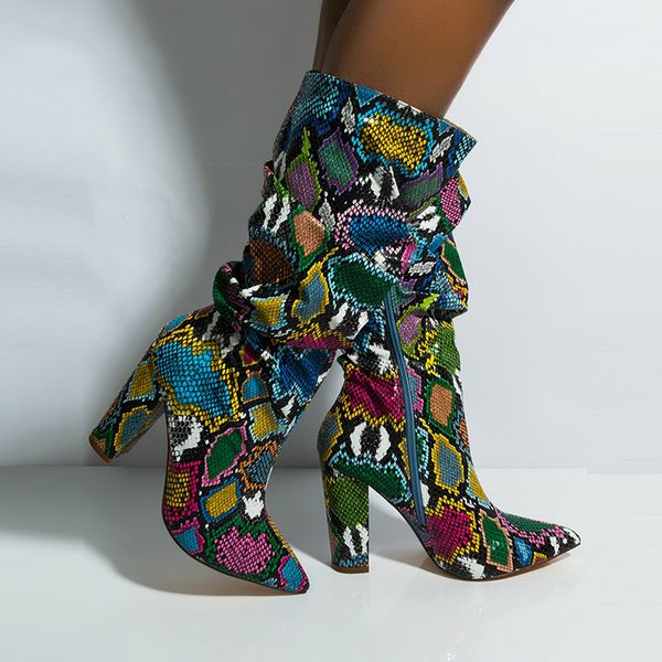 

colorful snake skin boots women high heel thick boot snakeskin pointed toe zip shoes female slouch boots pleated winter, Black