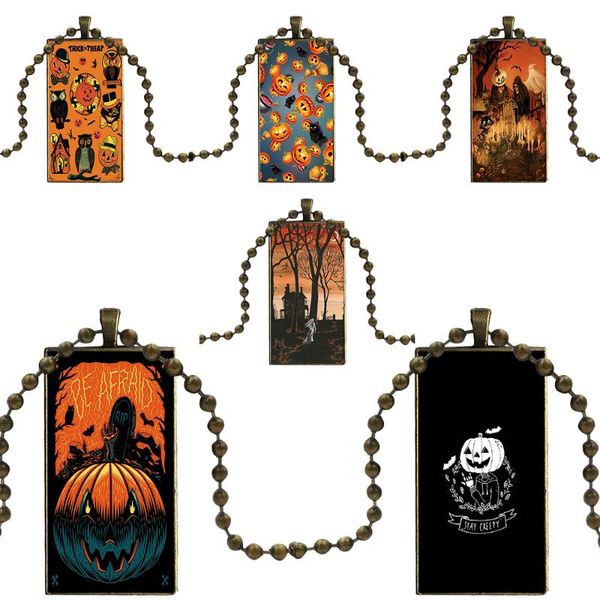 

vintage jewelry bronze plated with glass cabochon choker long pendant rectangle necklace for women gift happy halloween pumpkins, Silver