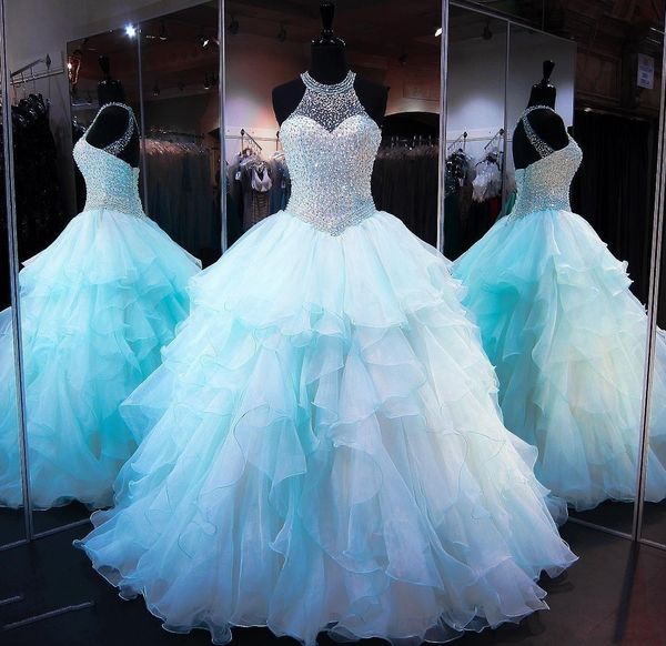 

new blue quinceanera ball gowns dresses jewel neck crystal beading organza ruffles tiered sweet 16 plus size prom party evening gowns, Blue;red