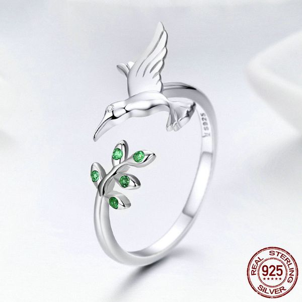 

rongxing 925 sterling silver hummingbird & leaves ring for women green zircon nature style s925 silver jewelry christmas gifts, Slivery;golden