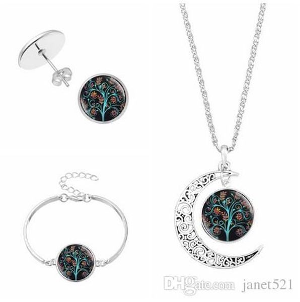 

the tree of life jewelry sets necklace earrings bracelets 4 pcs set silver plated glass charm pendants jewelry sets