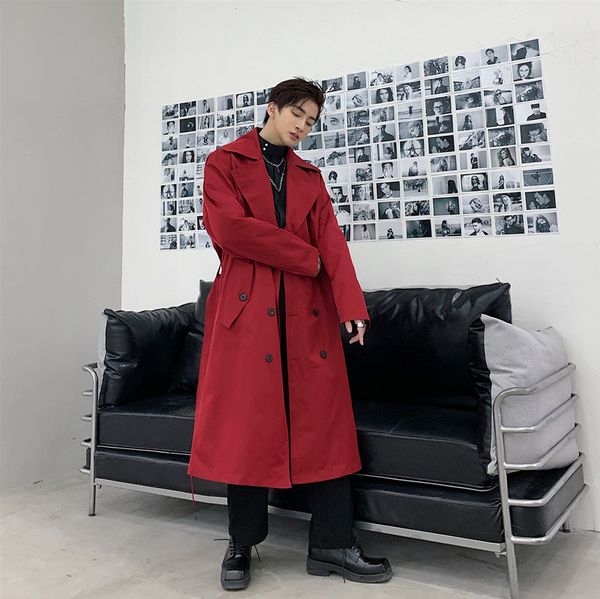 

male women double breasted loose casual red trench coat male vintage streetwear hip hop red jacket windbreaker overcoat, Tan;black