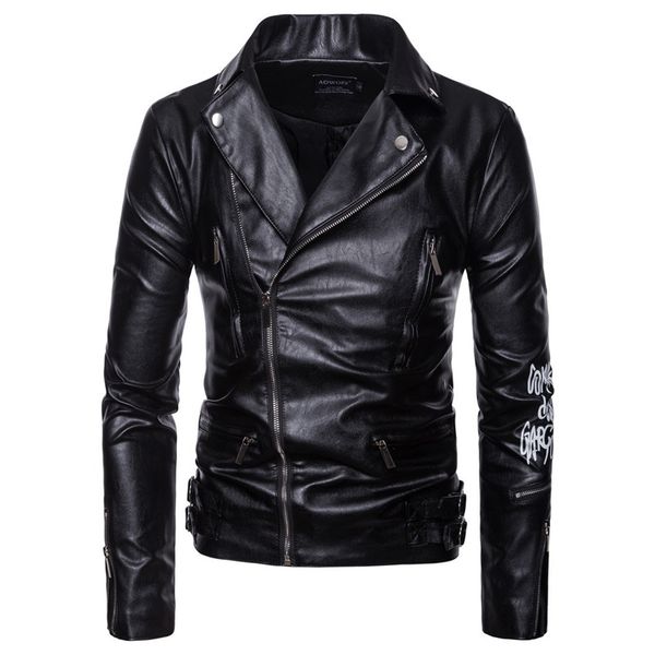

vogue men motorcycle coats jaket men deri mont ceket spring leather jacket letter print leather biker jacket plus size 4xl, Black
