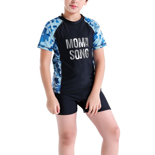 

3 pcs boys swimwear short sleeve bottom set printed swimsuits with cap bhd2