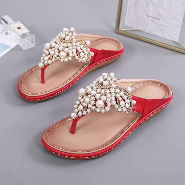

new women slippers summer beach slippers flip flops sandals women pearl fashion ladies flats shoes high quality, Black