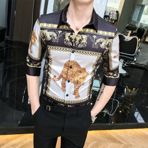 

spring and summer 2019 leopard men short sleeve shirt men's social flower shirt a236-1960-p55, White;black